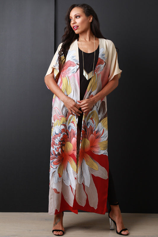 Floral Print Longline Slit Kimono