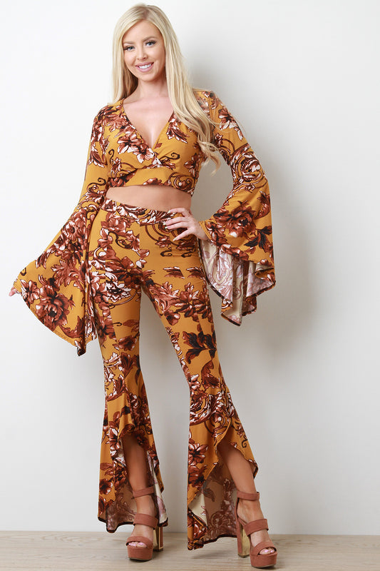Floral Bell Sleeve Crop Top with Flared Pants Set