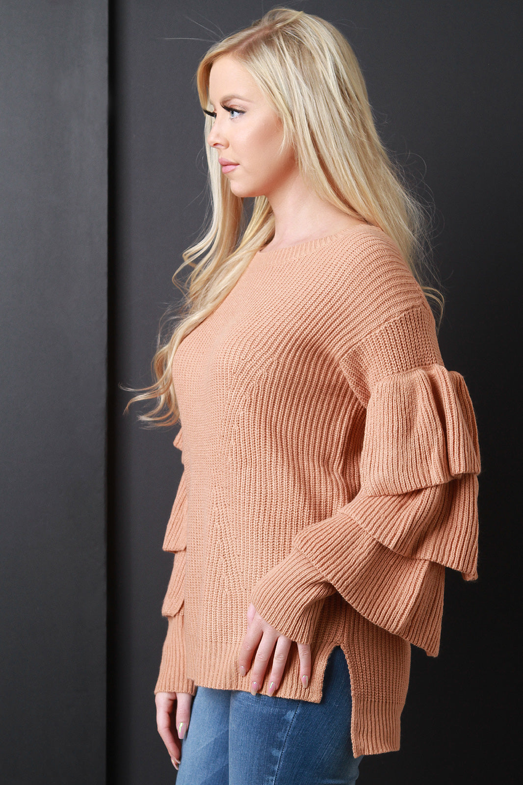 Chunky Knit Ruffle Sleeve Sweater Top
