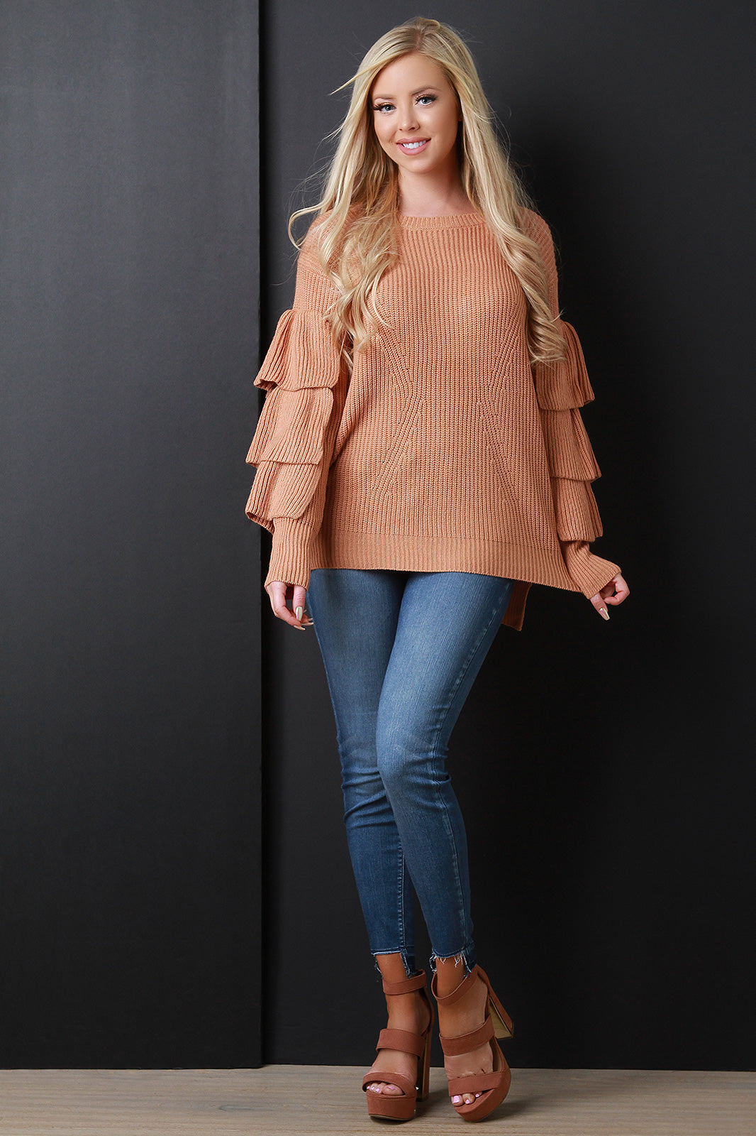 Chunky Knit Ruffle Sleeve Sweater Top
