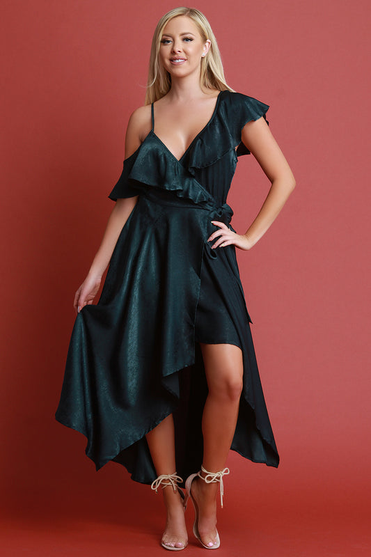 Satin Ruffle Asymmetrical Wrap Maxi Dress