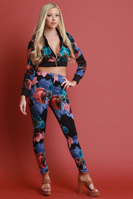 Floral Print Cropped Jacket With High Waist Leggings Set