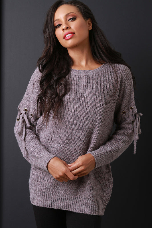 Thick Knit Eyelet Lace Up Sleeve Sweater Top