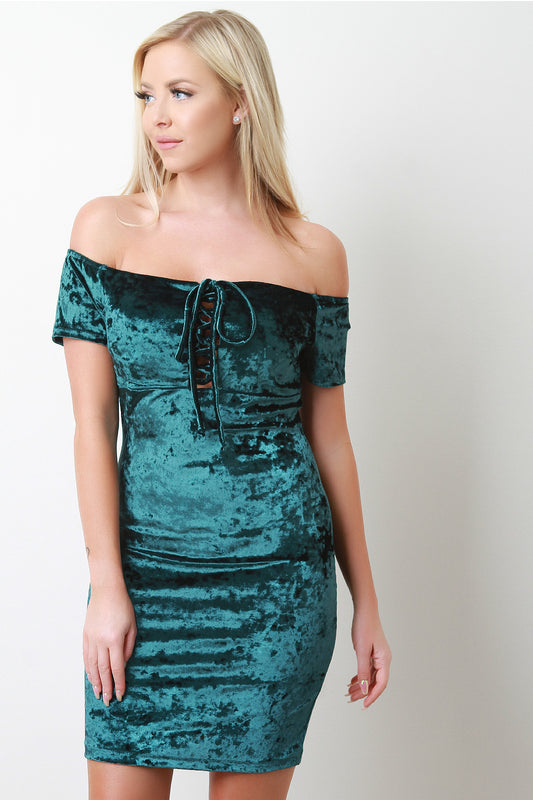 Crushed Velvet Off The Shoulder Lace Up Mini Dress
