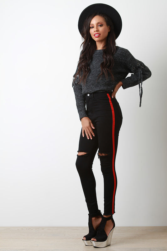 Distressed Side Stripe High Waist Skinny Jeans
