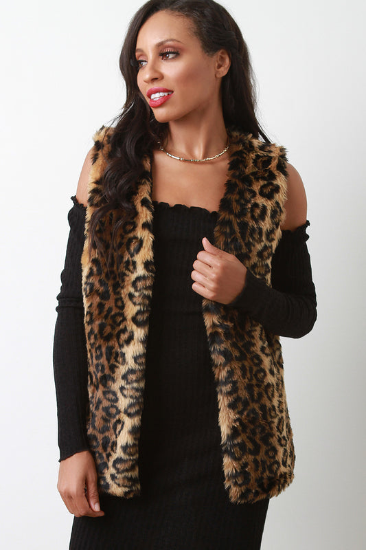 Leopard Faux Fur Collarless Vest
