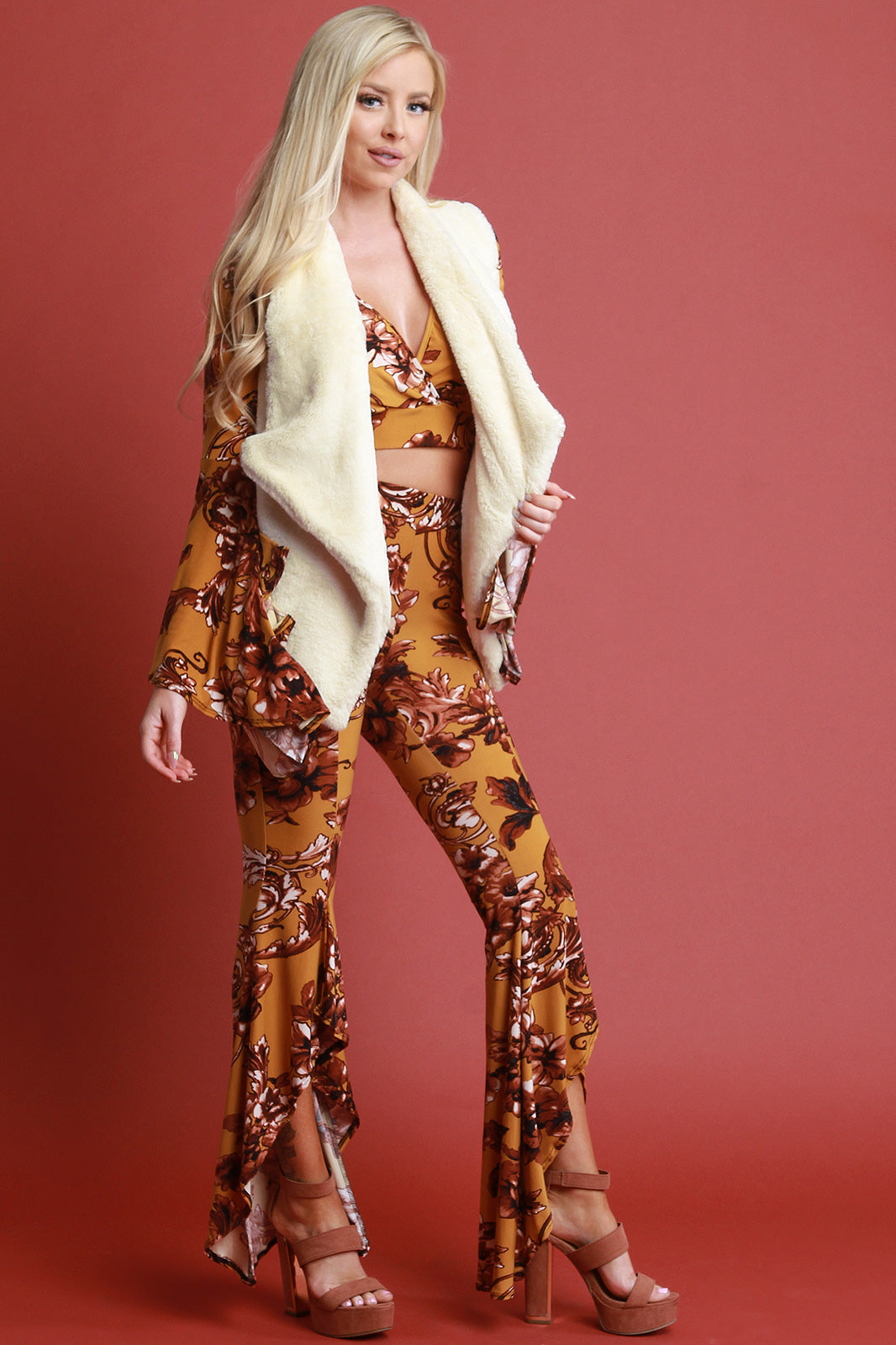 Draped Lapel Faux Fur Vest