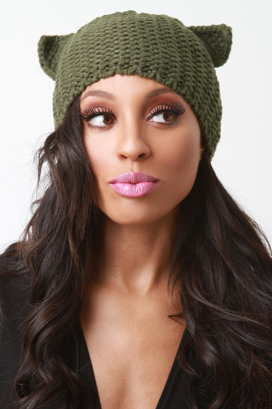 Garter Stitch Knit Cat Ears Beanie