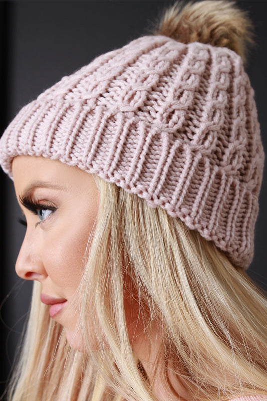 Faux Fur Pompom Cuff Knit Beanie