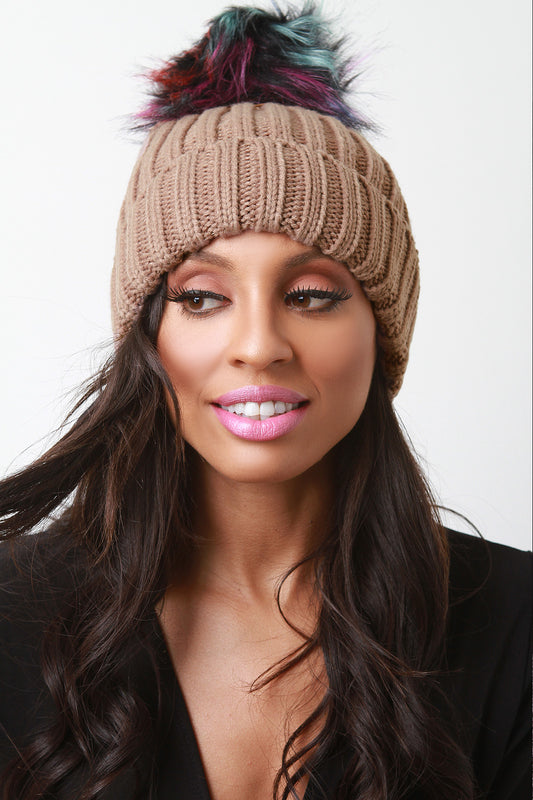 Colored Faux Fur Pompom Cuff Beanie
