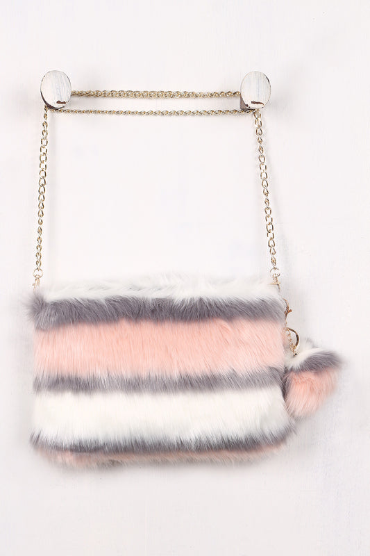 Striped Faux Fur Pom Pom Keychain Crossbody Bag