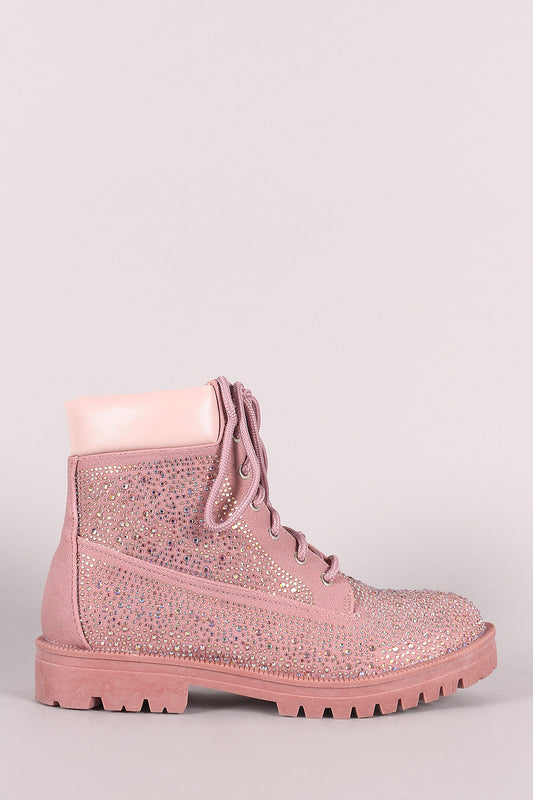 Rhinestone Embellished Combat Lace Up Ankle Boots