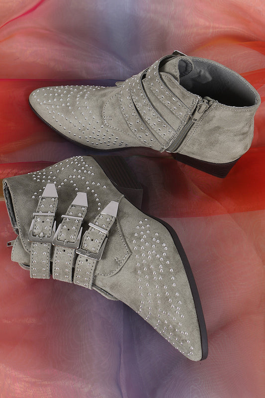 Qupid Suede Studded Buckle Strap Western Booties
