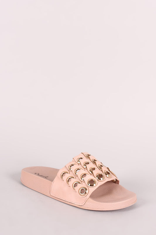 Qupid Grommet Embellished Slide Sandals