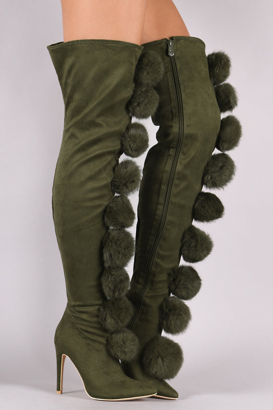 Suede Oversized Pom Pom Stiletto Over-The-Knee Boots