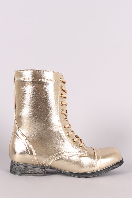 Bamboo Metallic Lace Up Combat Ankle Boots