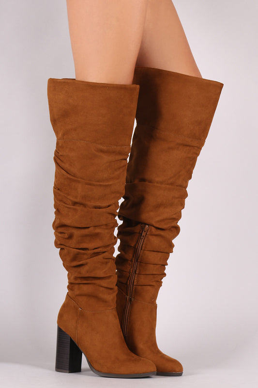 Bamboo Suede Slouchy Cuffed Chunky Heeled OTK Boots