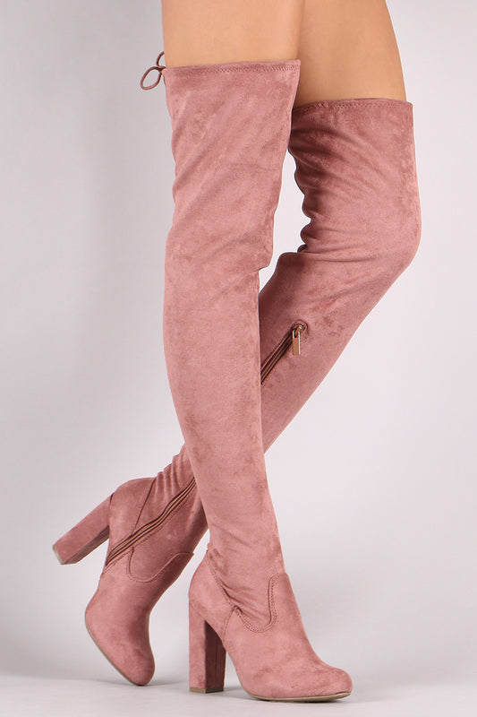 Bamboo Suede Drawstring-Tie Chunky Heeled Over-The-Knee Boots