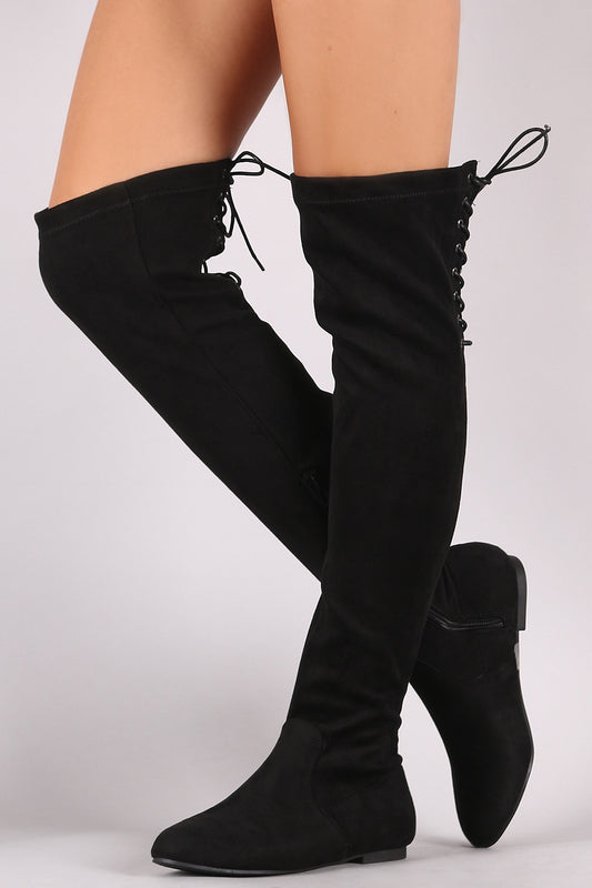Suede Back Lace-Up Fitted Over-The-Knee Flat Boots