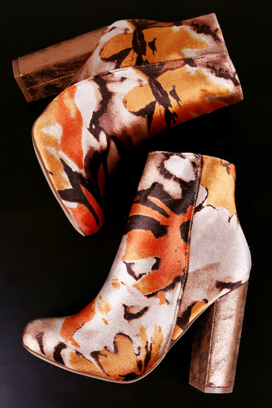 Shoe Republic LA Abstract Floral Velvet Chunky Heeled Booties