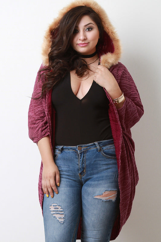 Tribal Pattern Knit Open Front Fur Hooded Cardigan