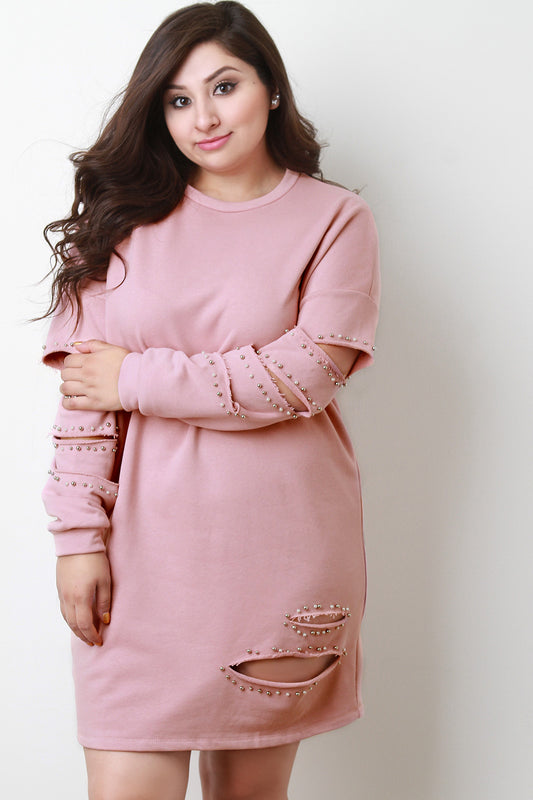 Pearl Detailed Slashed Long Sleeve Sweater Dress