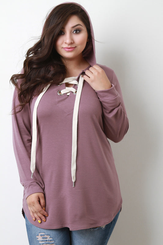 Drawstring Lace-Up Hoodie Top