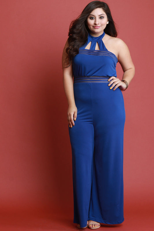 Illusion Stripe Caged Choker Neck Sleeveless Jumpsuit