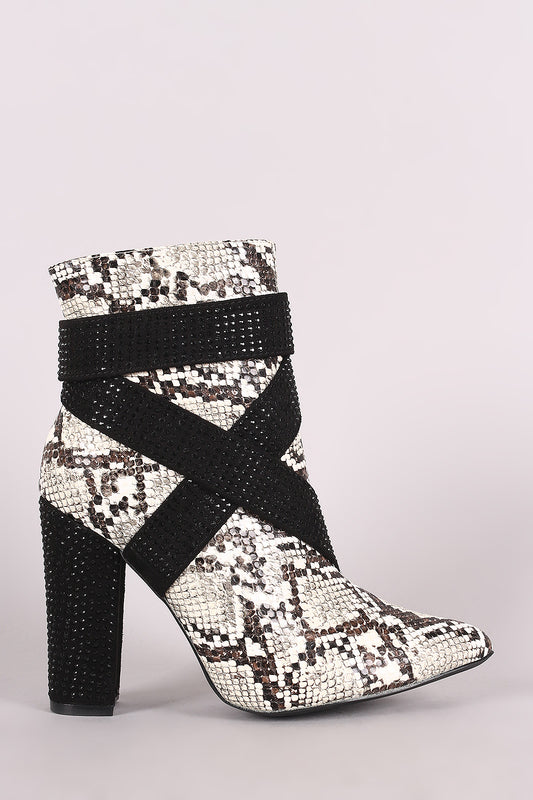 Python Strappy Rhinestone Accent Chunky Heeled Ankle Boots