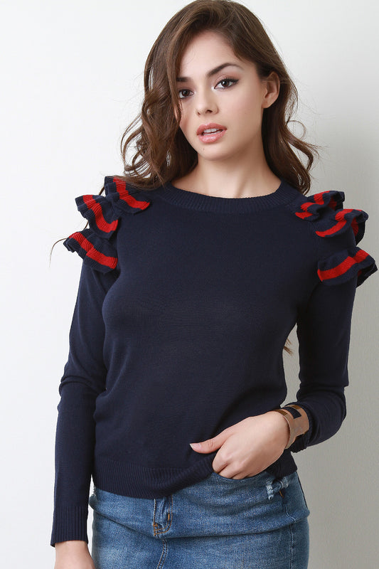 Tiered Striped Ruffle Shoulder Sweater Top