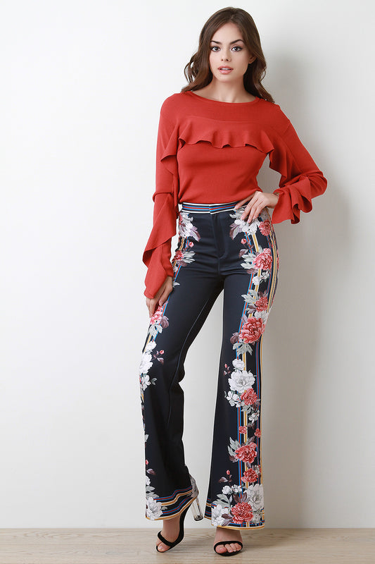 Mixed Print High Rise Bell Bottom Pants