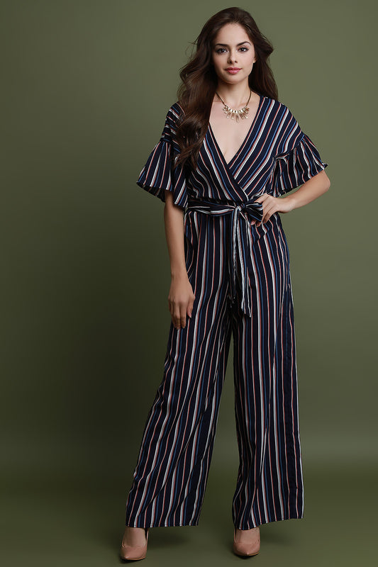 Striped Surplice Waist-Tie Wide Leg Jumpsuit