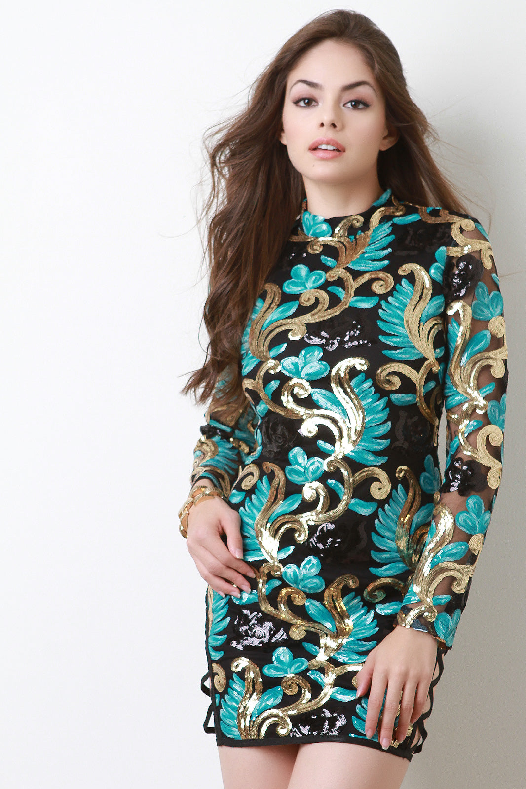 Baroque Sequin Mock Neck Mini Bodycon Dress