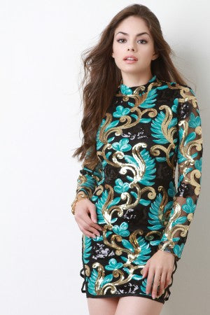 Baroque Sequin Mock Neck Mini Bodycon Dress