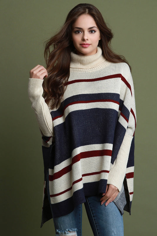 Turtle Neck Long Sleeve Striped Poncho