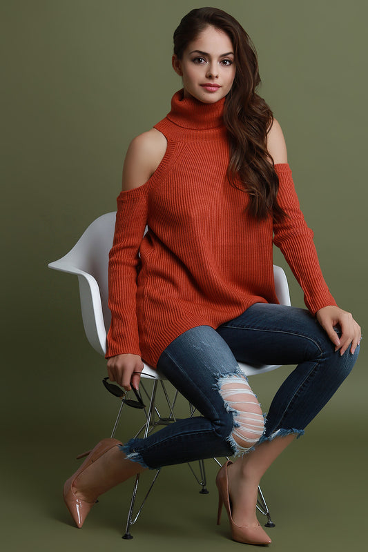 Rib Knit Cold Shoulder Turtleneck Sweater Top