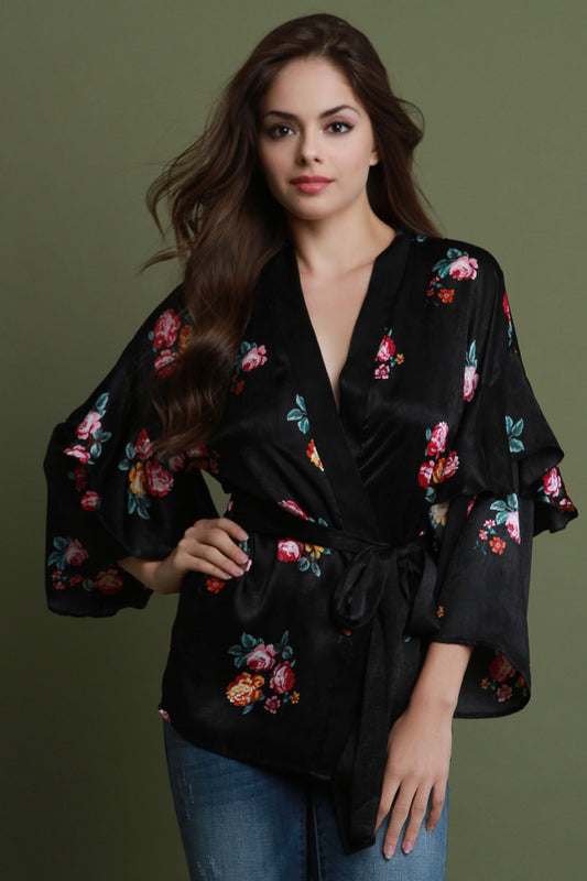 Floral Waist-Tie Ruffled Sleeves Kimono
