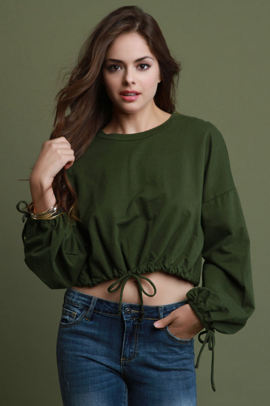 Drawstring Long Sleeves Crop Sweatshirt