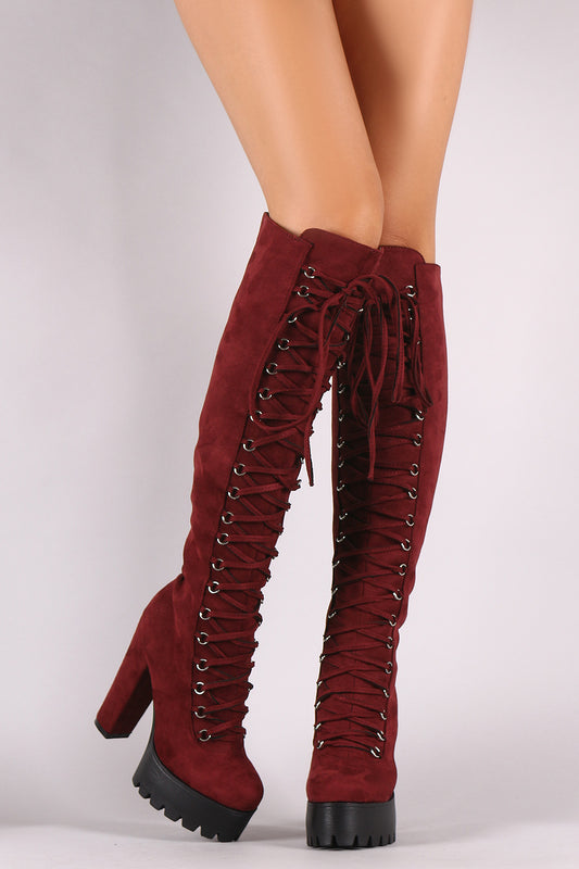 Suede Corset Lace-Up Lug Sole Platform Heeled OTK Boots