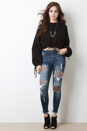 Diamond Fishnet Cutout Denim Jeans