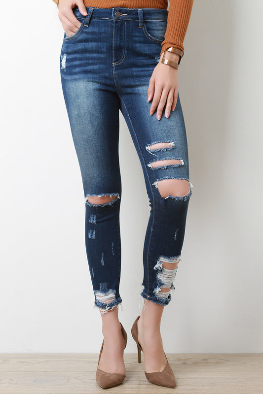 Distressed Hem High Ankle Skinny Denim Jeans