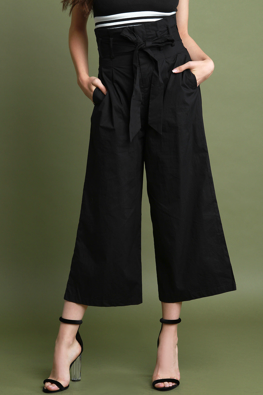 Box Pleated Belted Waist Palazzo Pants