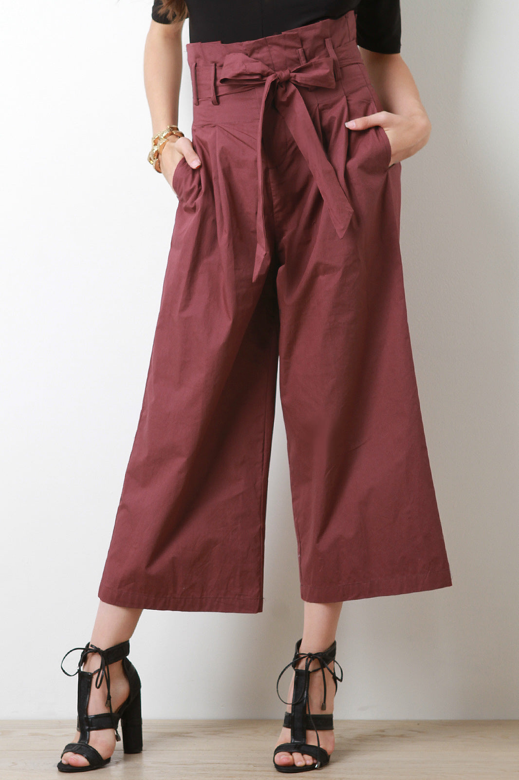 Box Pleated Belted Waist Palazzo Pants