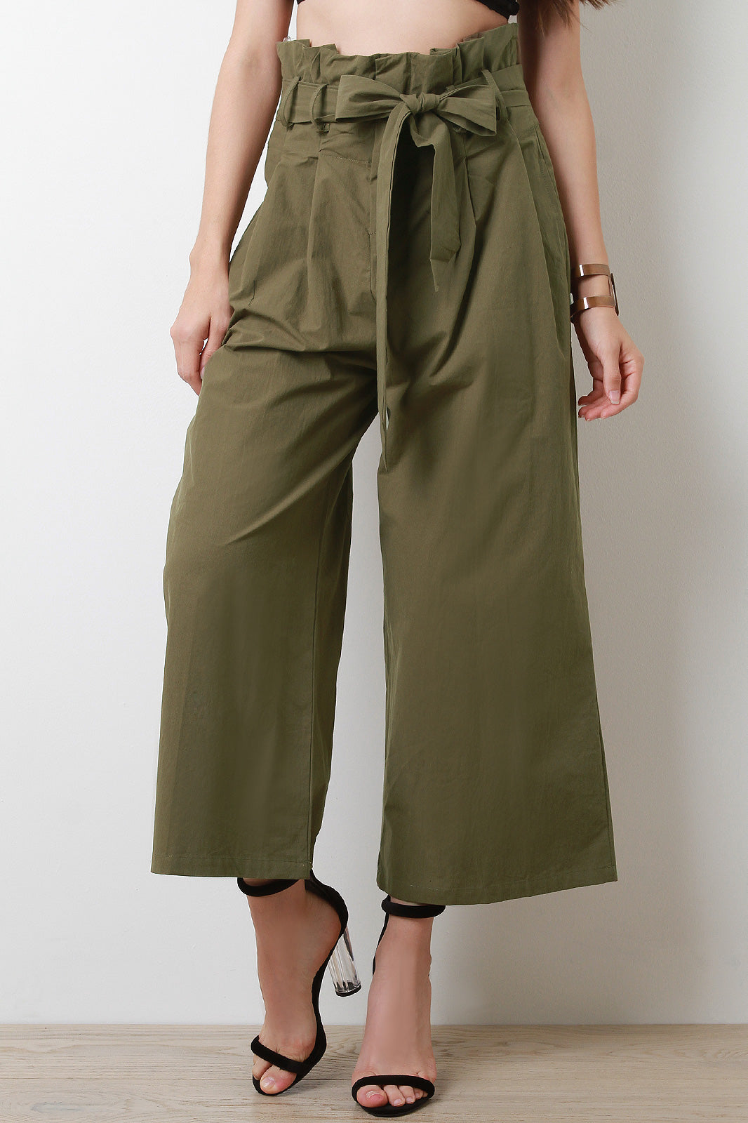 Box Pleated Belted Waist Palazzo Pants