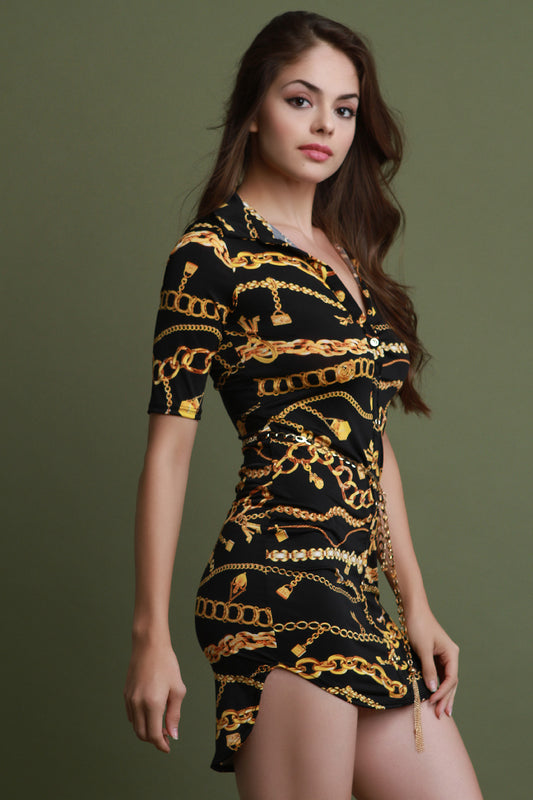 Chain Print Button-Up Belted Shirt Dress