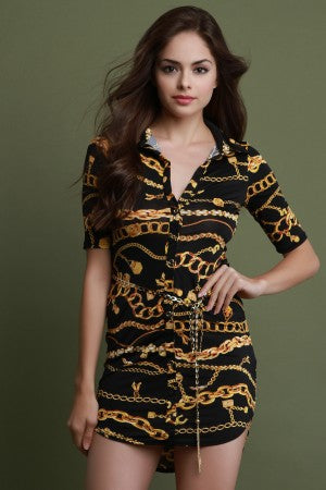 Chain Print Button-Up Belted Shirt Dress