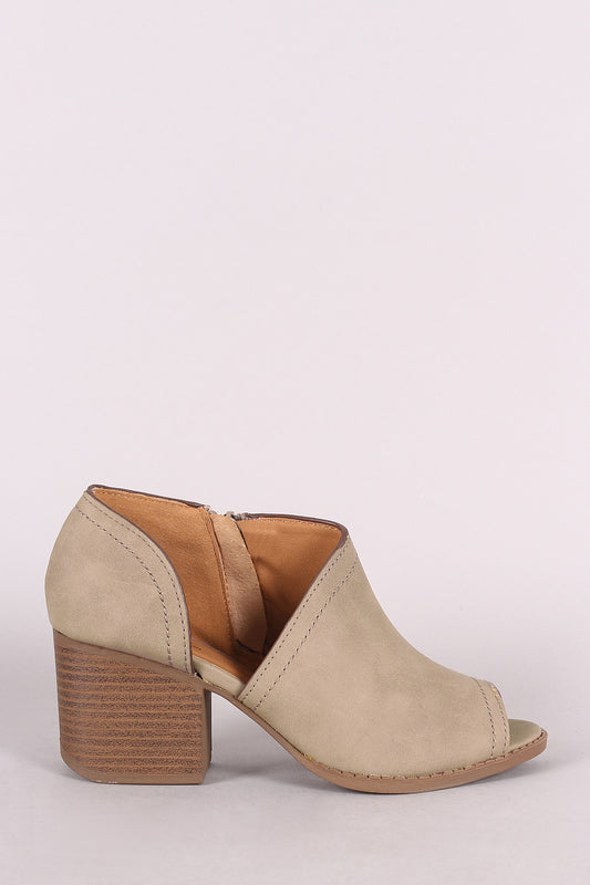 Qupid Distressed Nubuck Open Shank Block Heeled Booties