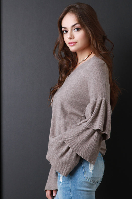Tiered Ruffle Sleeves Sweater Knit Top
