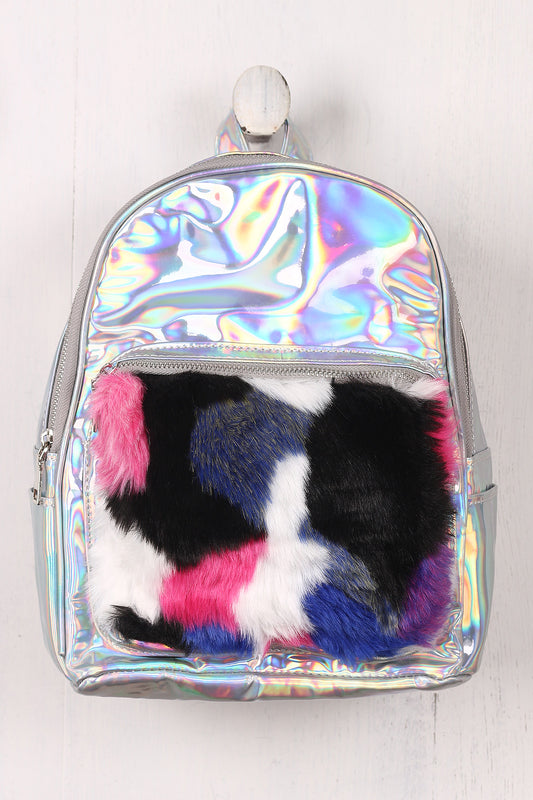 Fluffy Faux Fur Patch Holographic Mini Backpack