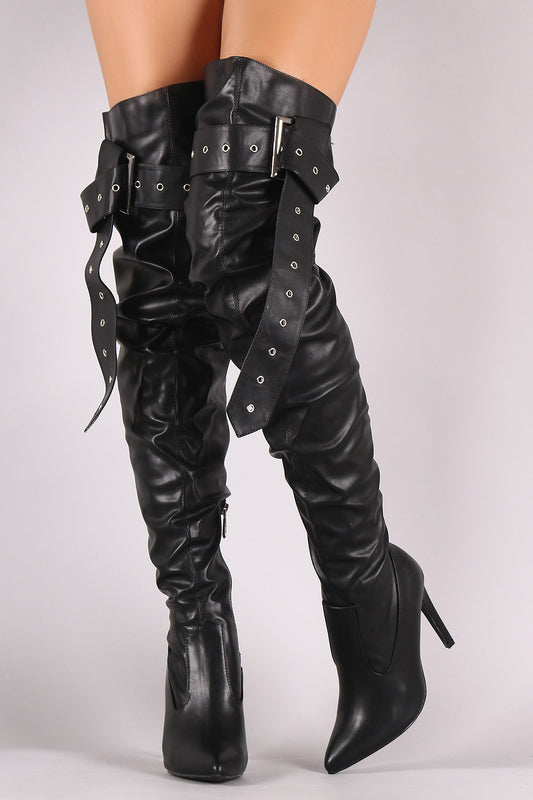 Slouchy Leather Buckled Pointy Toe Stiletto Over The Knee Boots